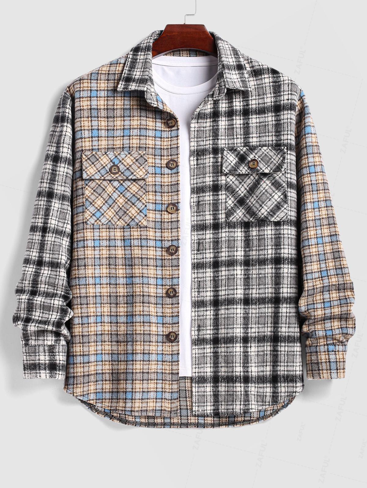 Men's Casual Fuzzy Flannel Colorblock Plaid Flap Pockets Button Up Long Sleeve Shacket Kosyway