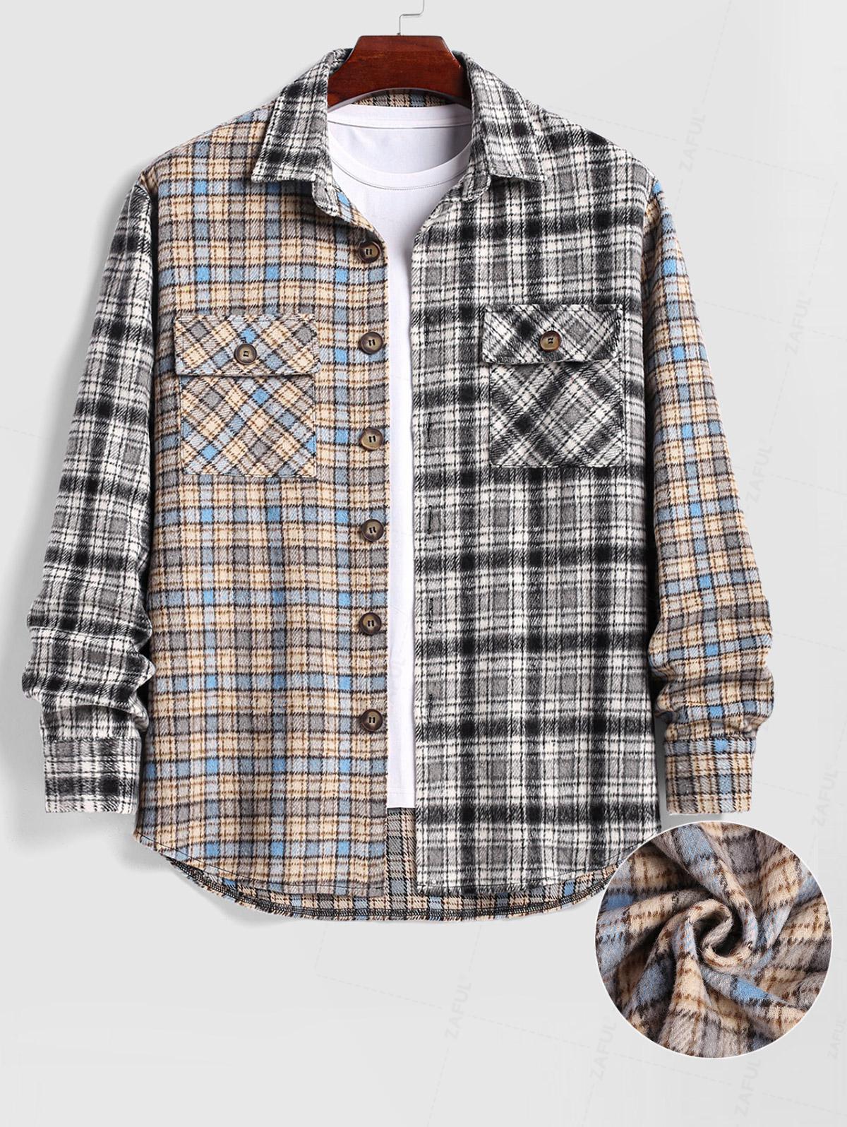 Men's Casual Fuzzy Flannel Colorblock Plaid Flap Pockets Button Up Long Sleeve Shacket