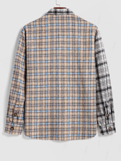 Men's Casual Fuzzy Flannel Colorblock Plaid Flap Pockets Button Up Long Sleeve Shacket