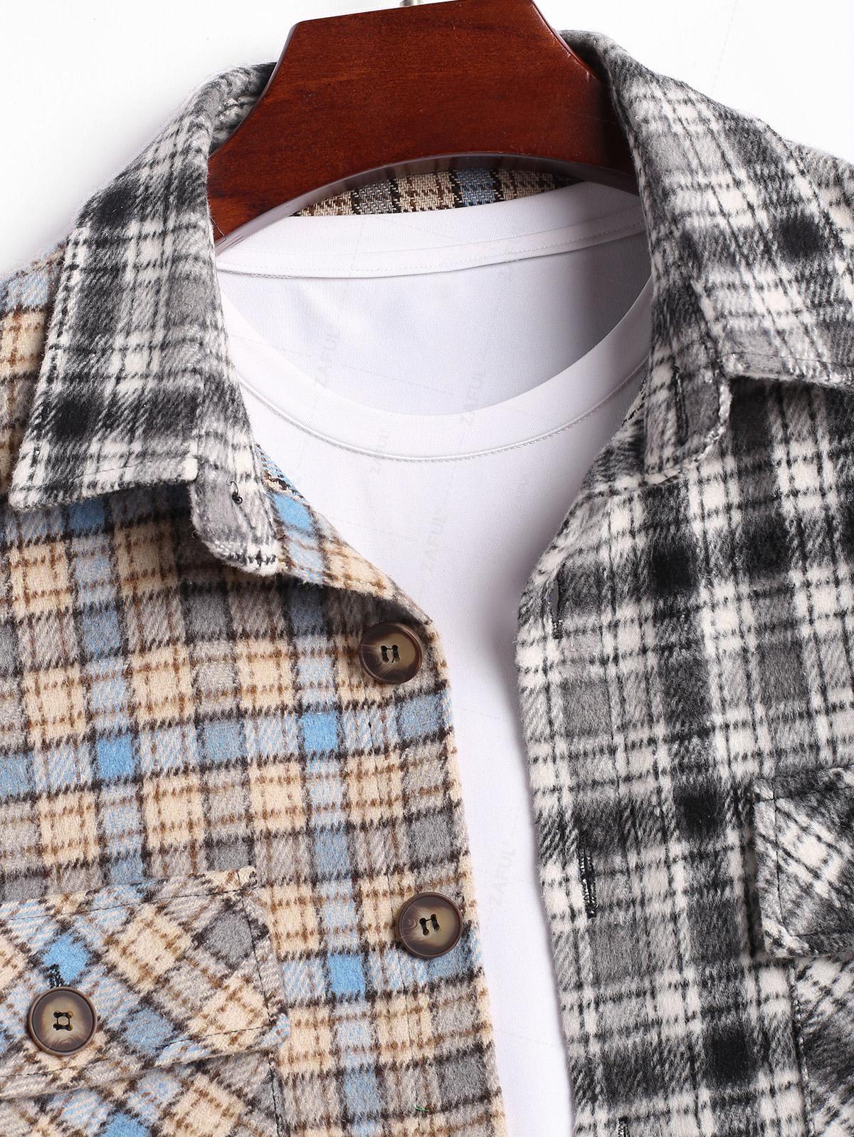 Men's Casual Fuzzy Flannel Colorblock Plaid Flap Pockets Button Up Long Sleeve Shacket Kosyway