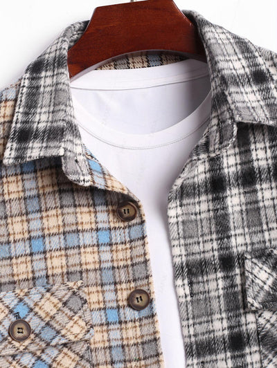 Men's Casual Fuzzy Flannel Colorblock Plaid Flap Pockets Button Up Long Sleeve Shacket