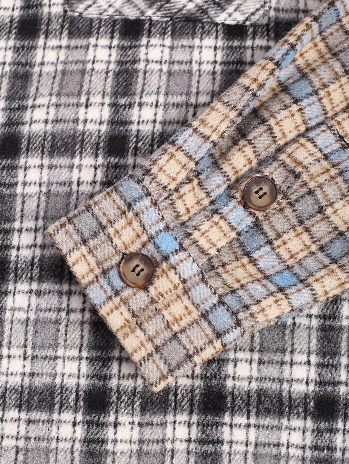 Men's Casual Fuzzy Flannel Colorblock Plaid Flap Pockets Button Up Long Sleeve Shacket