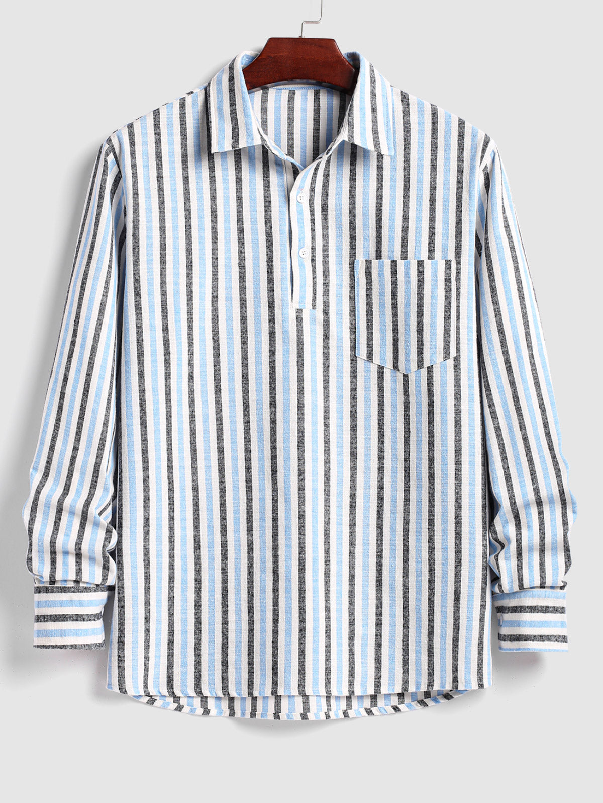 Men's Colorblock Striped Half Buttoned Pocket Design Polo Collar Long Sleeves Shirt