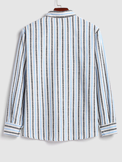 Men's Colorblock Striped Half Buttoned Pocket Design Polo Collar Long Sleeves Shirt