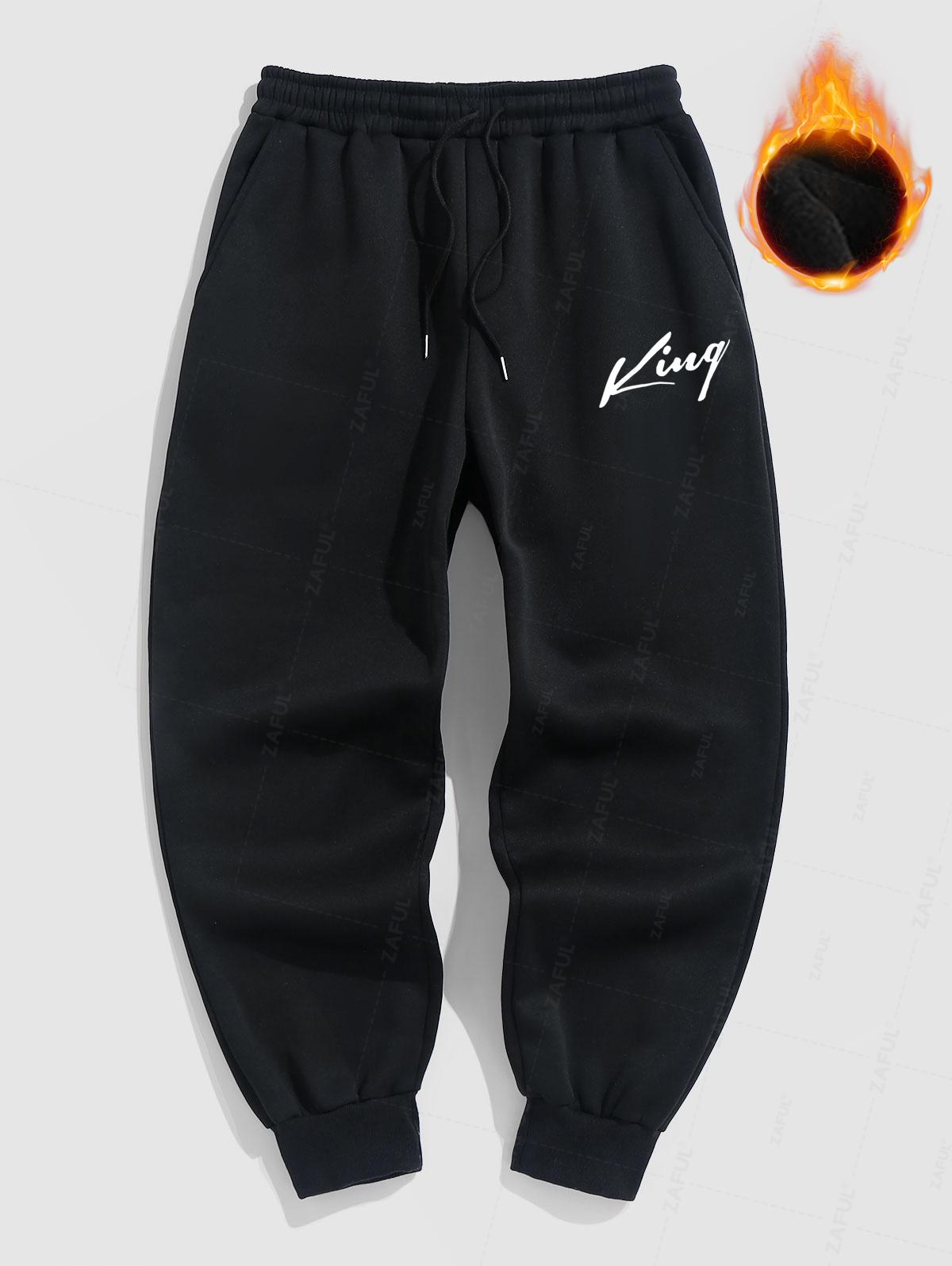 Men's Casual Minimalist Style Letter Pattern Fuzzy Fleece-lined Drawstring Jogger Sweatpants