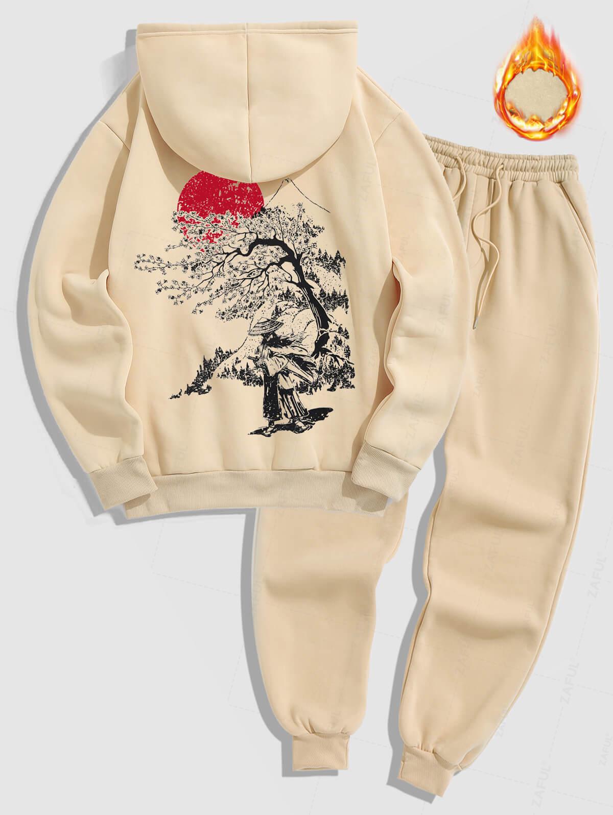 Men's Japanese Sakura Tree Figure Sun Pattern Fuzzy Fleece-lined Kangaroo Pocket Design Pullover Hoodie And Drawstring Jogger Sweatpants Set