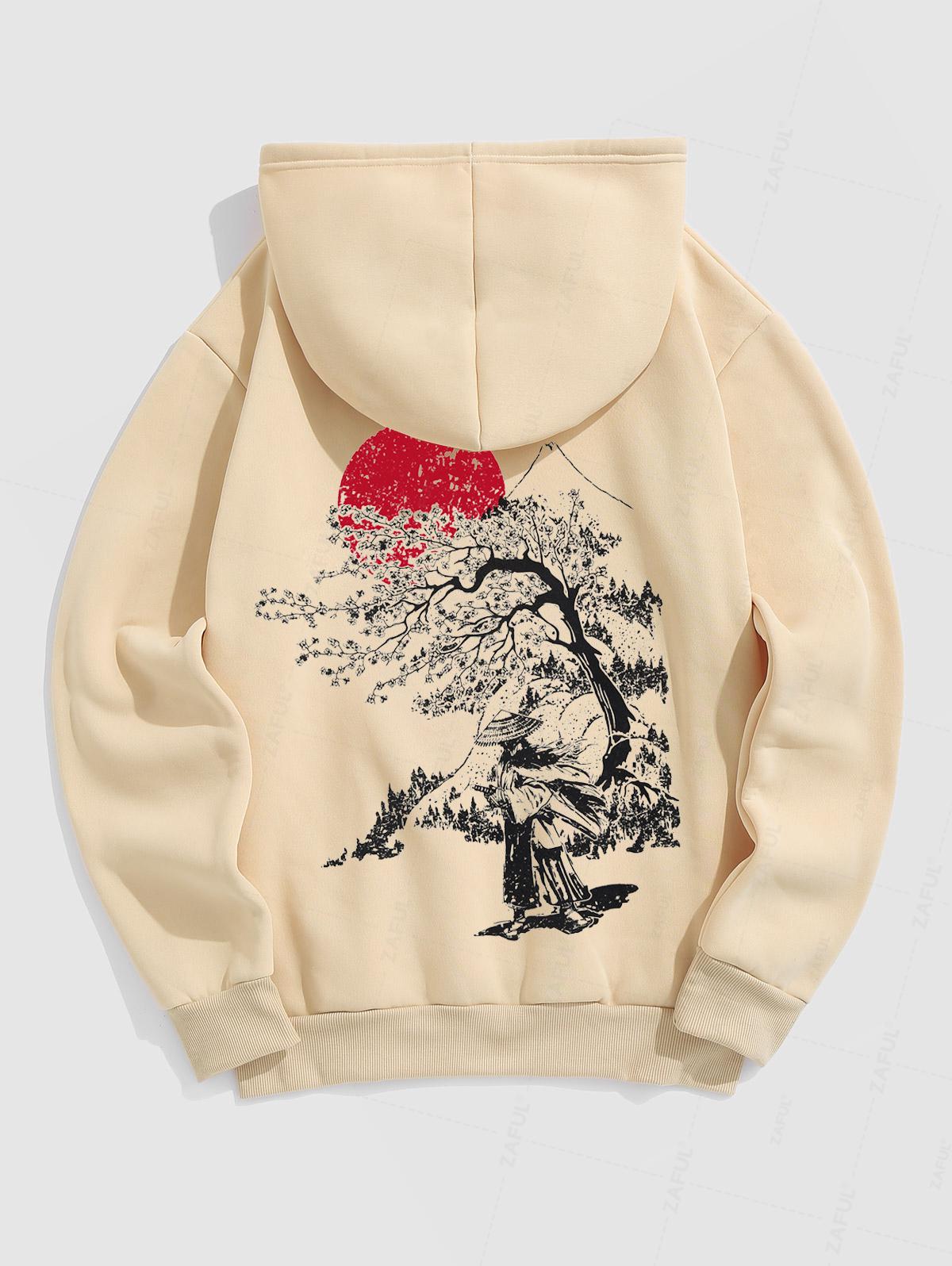 Men's Japanese Sakura Tree Figure Sun Pattern Fuzzy Fleece-lined Kangaroo Pocket Design Pullover Hoodie And Drawstring Jogger Sweatpants Set