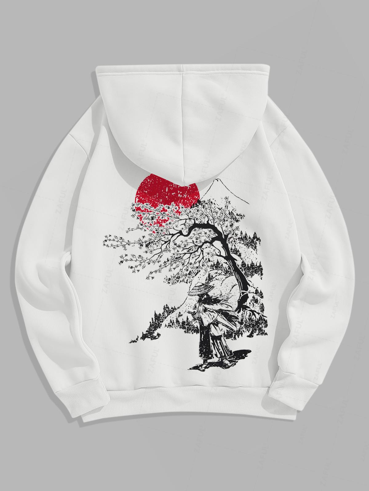 Men's Japanese Sakura Tree Figure Sun Pattern Fuzzy Fleece-lined Kangaroo Pocket Design Pullover Hoodie And Drawstring Jogger Sweatpants Set