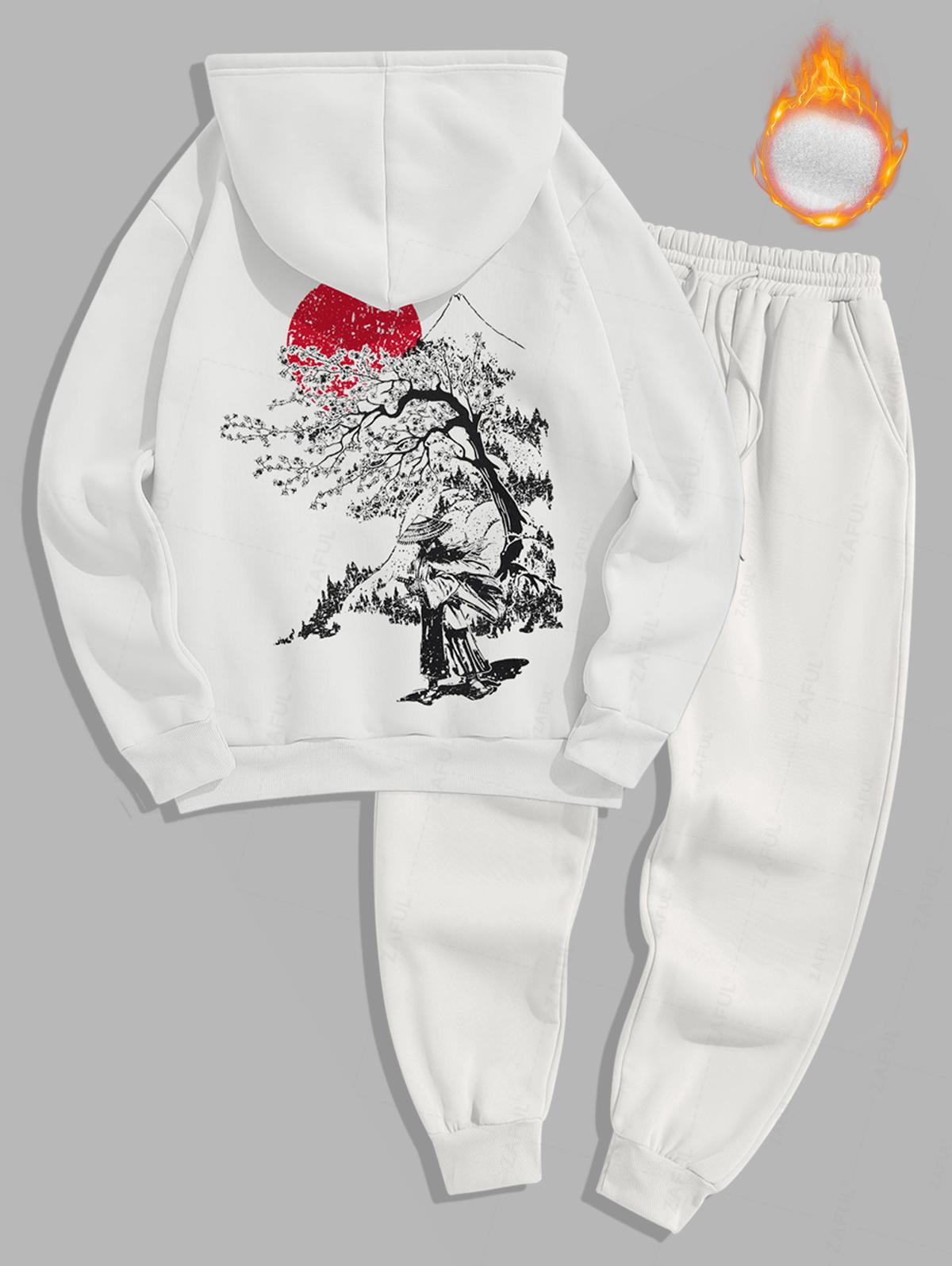 Men's Japanese Sakura Tree Figure Sun Pattern Fuzzy Fleece-lined Kangaroo Pocket Design Pullover Hoodie And Drawstring Jogger Sweatpants Set