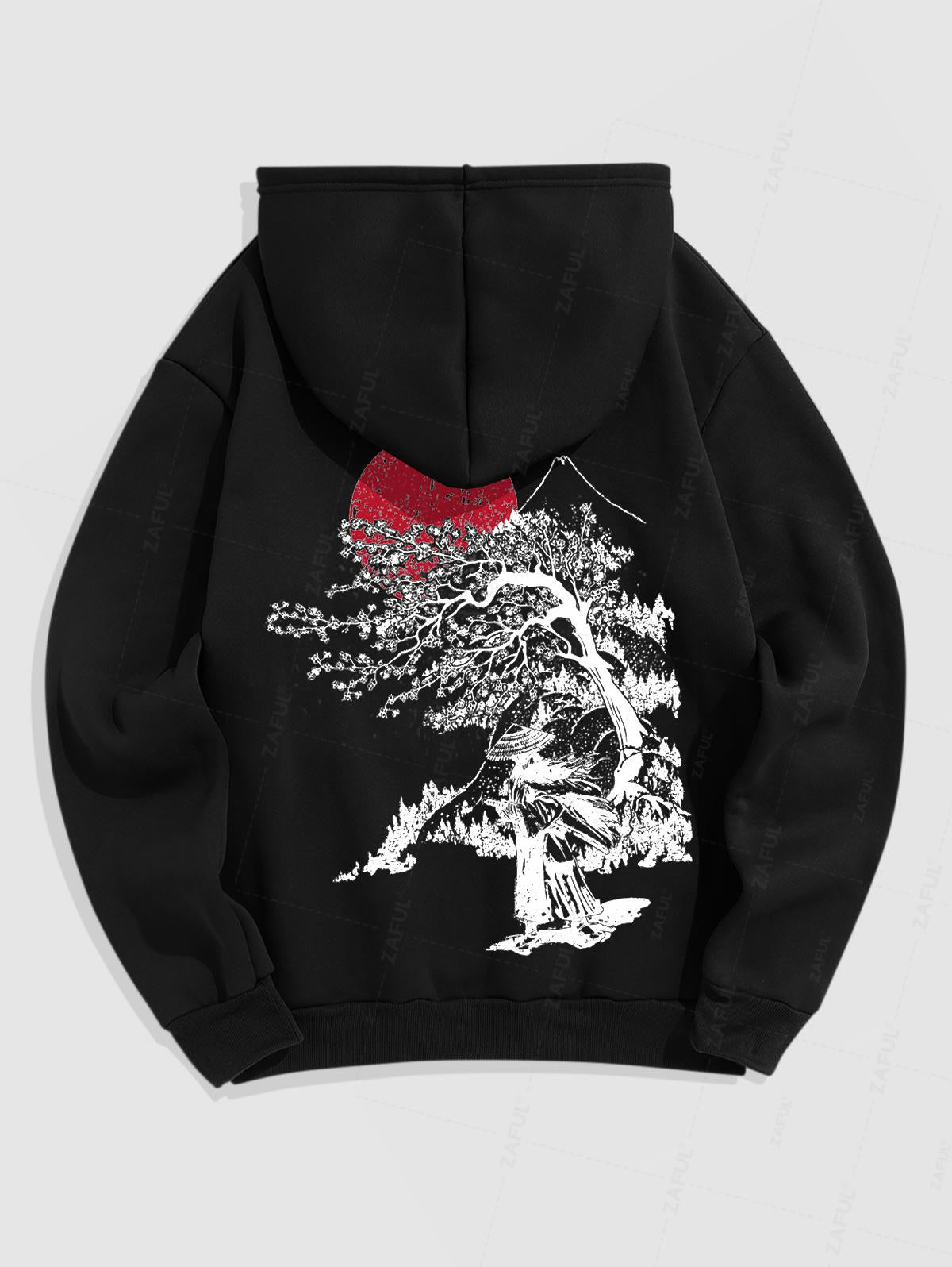 Men's Japanese Sakura Tree Figure Sun Pattern Fuzzy Fleece-lined Kangaroo Pocket Design Pullover Hoodie And Drawstring Jogger Sweatpants Set