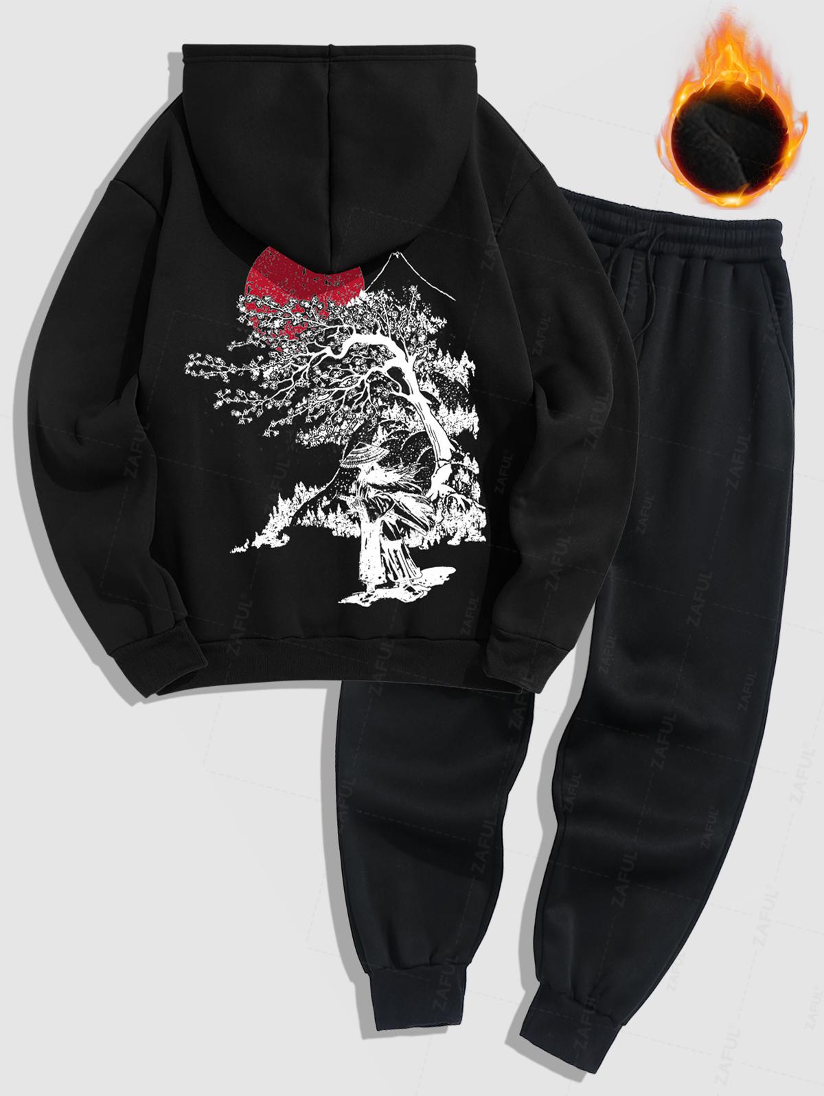 Men's Japanese Sakura Tree Figure Sun Pattern Fuzzy Fleece-lined Kangaroo Pocket Design Pullover Hoodie And Drawstring Jogger Sweatpants Set