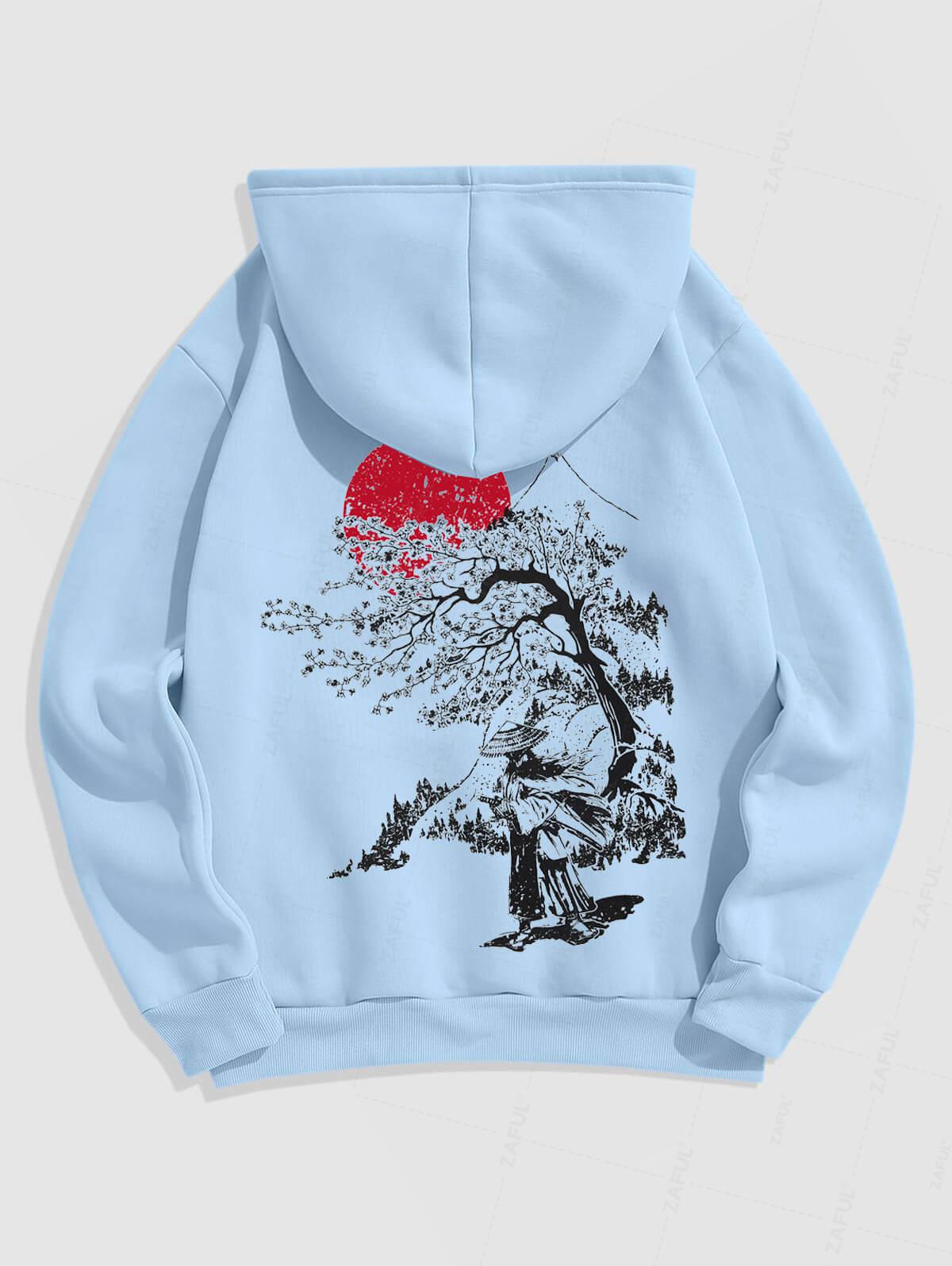 Men's Japanese Sakura Tree Figure Sun Pattern Fuzzy Fleece-lined Kangaroo Pocket Design Pullover Hoodie And Drawstring Jogger Sweatpants Set