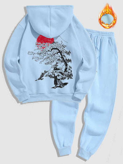 Men's Japanese Sakura Tree Figure Sun Pattern Fuzzy Fleece-lined Kangaroo Pocket Design Pullover Hoodie And Drawstring Jogger Sweatpants Set