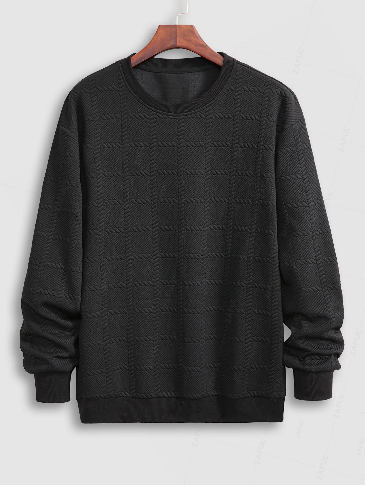 Men's Plaid Cable Knit Jacquard Textured Crew Neck Long Sleeves Pullover Sweatshirt