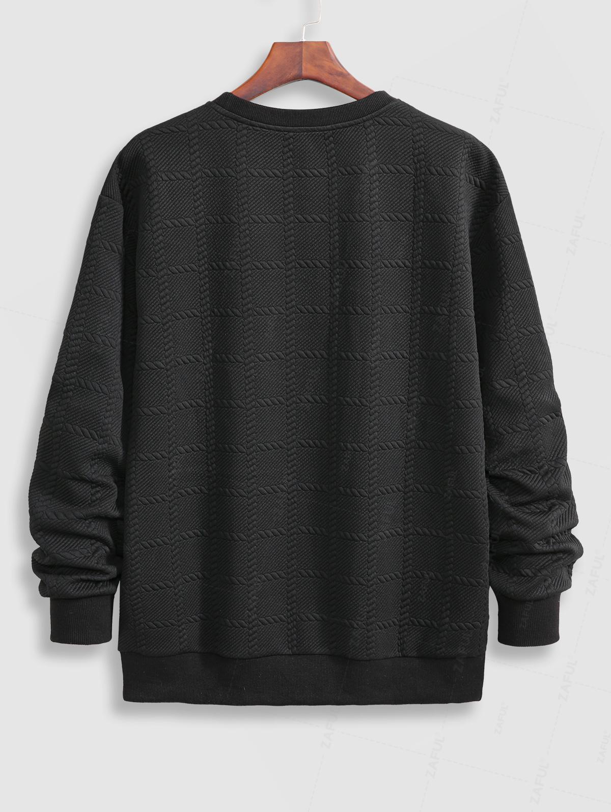 Men's Plaid Cable Knit Jacquard Textured Crew Neck Long Sleeves Pullover Sweatshirt