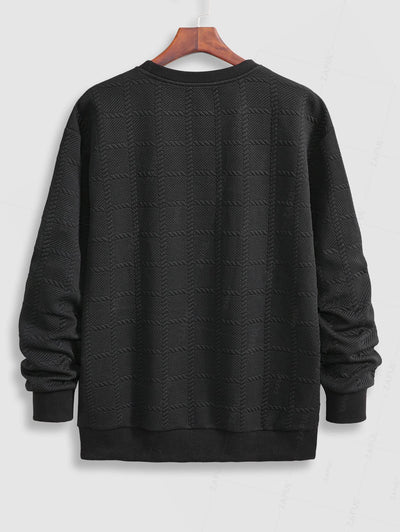 Men's Plaid Cable Knit Jacquard Textured Crew Neck Long Sleeves Pullover Sweatshirt Kosyway