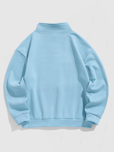 Men's Colorblock Letter Pattern Fuzzy Fleece-lined Quarter Zip Long Sleeve Stand Collar Pullover Sweatshirt Set Kosyway