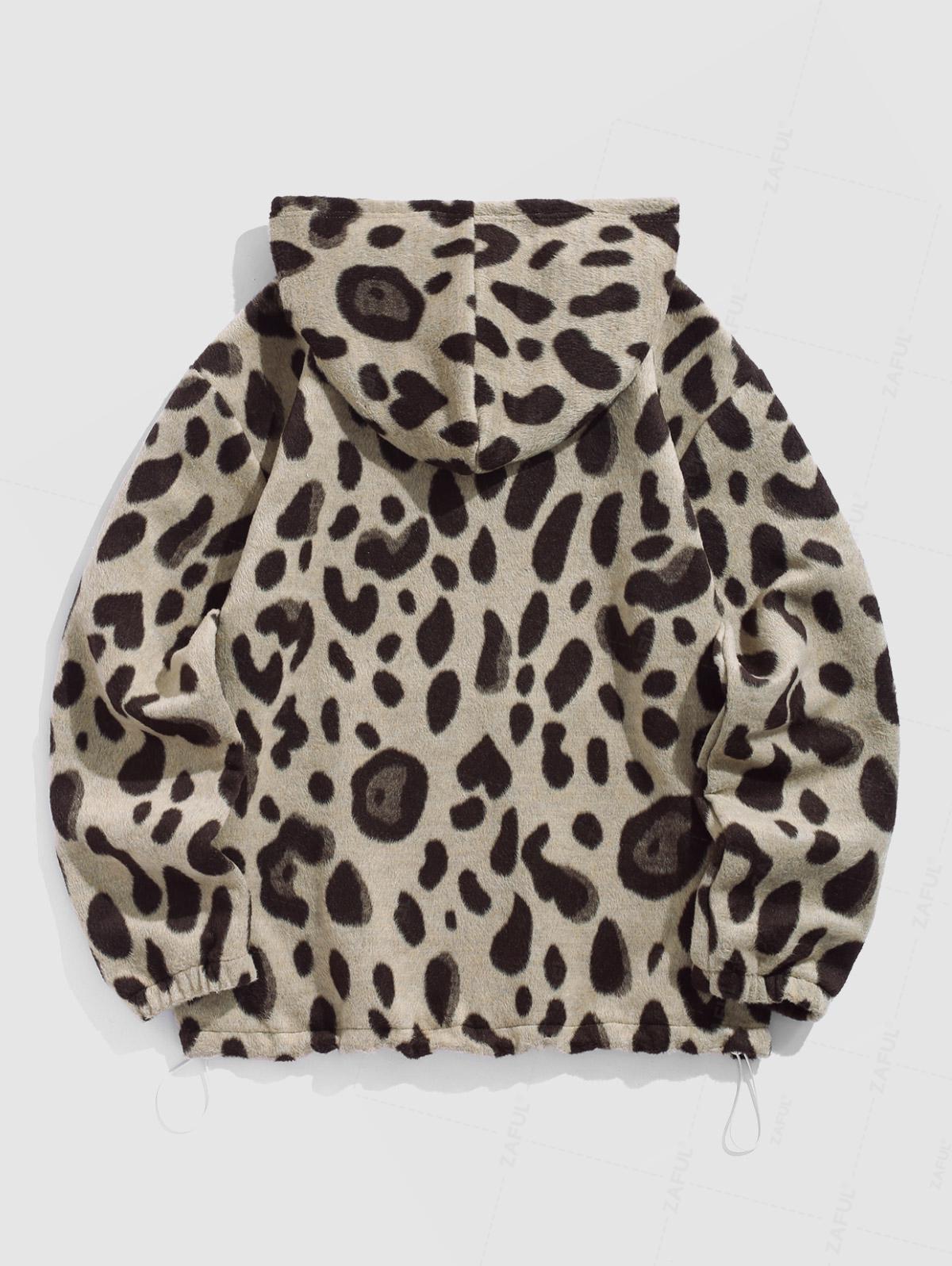 Men's Casual Fluffy Fuzzy Leopard Pattern Kangaroo Pocket Pullover Hoodie