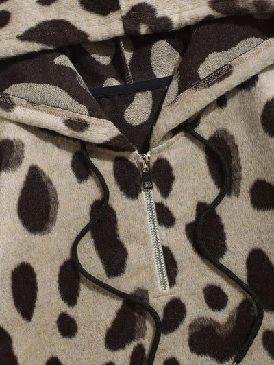 Men's Casual Fluffy Fuzzy Leopard Pattern Kangaroo Pocket Pullover Hoodie