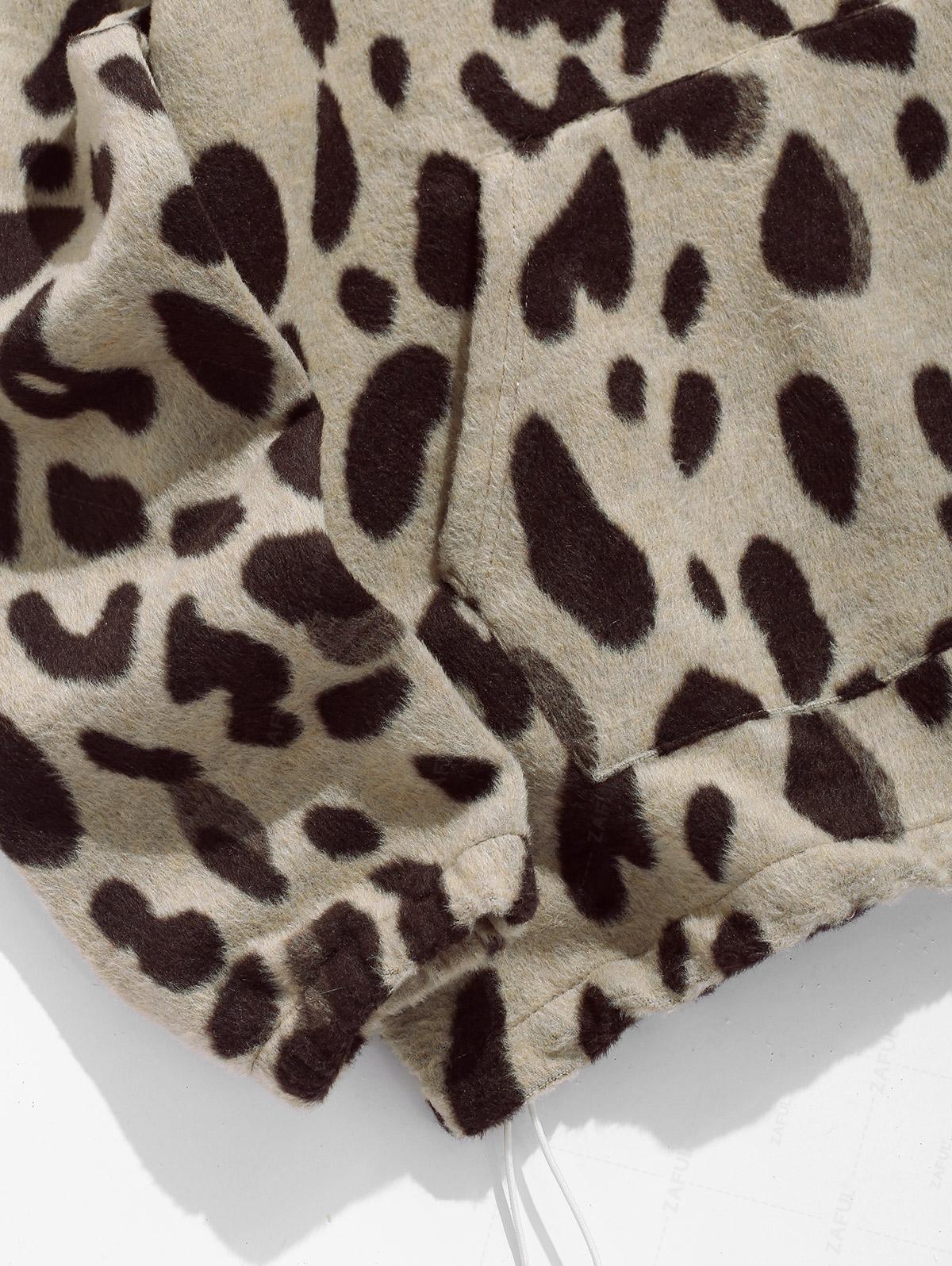 Men's Casual Fluffy Fuzzy Leopard Pattern Kangaroo Pocket Pullover Hoodie