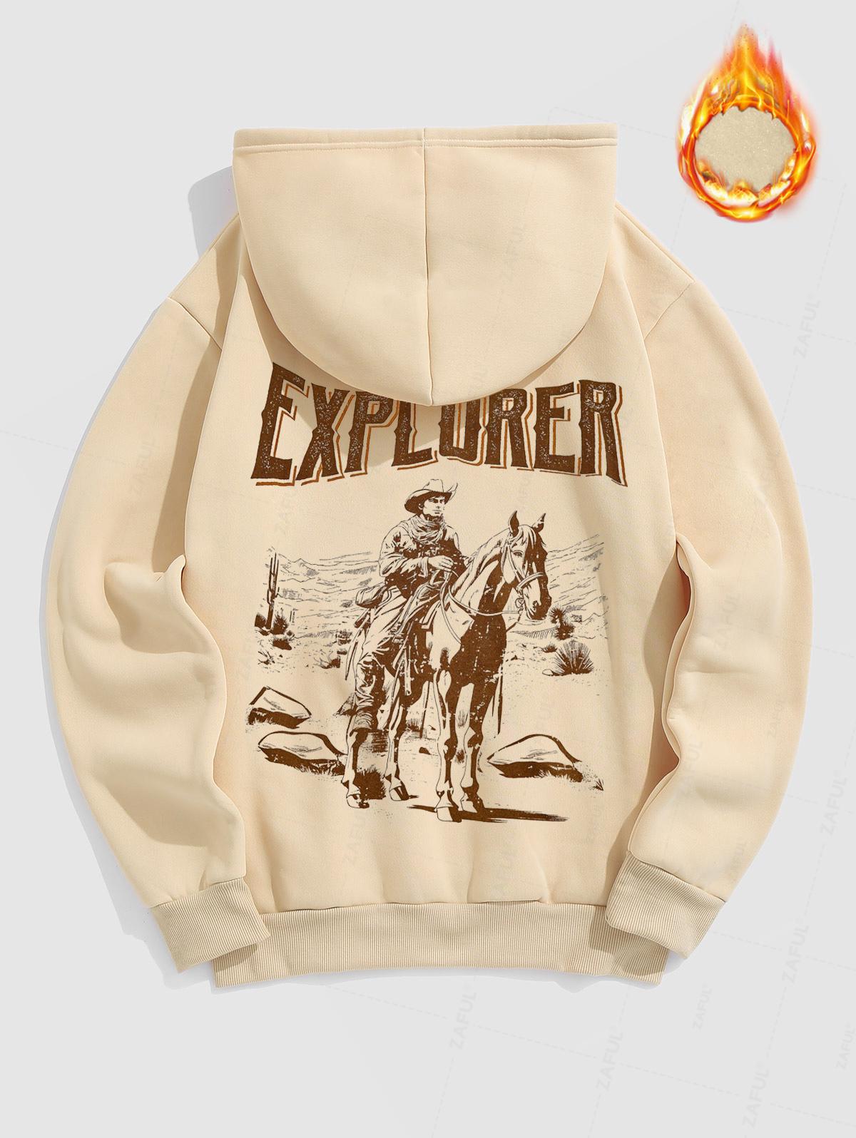 Men's Letter EXPLORER Cowboy Riding Horse Graphic Print Fuzzy Fleece-lined Kangaroo Pocket Design Pullover Hoodie