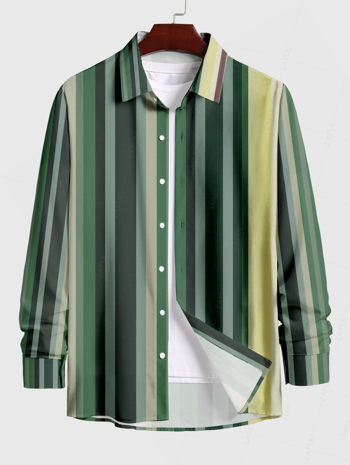 Men's Colorblock Striped Pattern Button Up Long Sleeves Shirt Kosyway