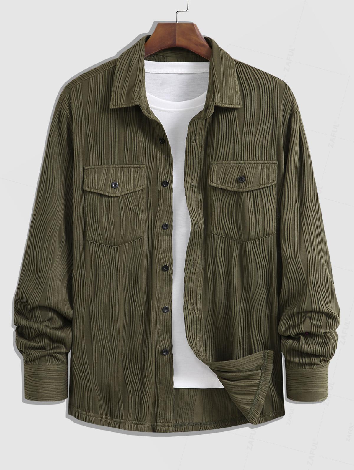 Men's Solid Color Jacquard Textured Flap Pockets Button Up Long Sleeves Shirt