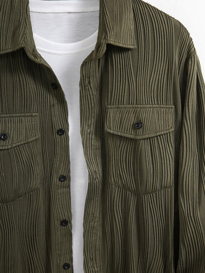 Men's Solid Color Jacquard Textured Flap Pockets Button Up Long Sleeves Shirt