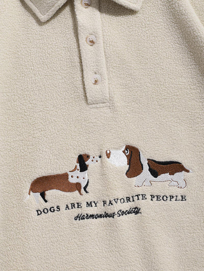 Men's Fuzzy Polar Fleece Letter Dog Embroidery Half Buttoned Long Sleeve Polo Collar Pullover Sweatshirt