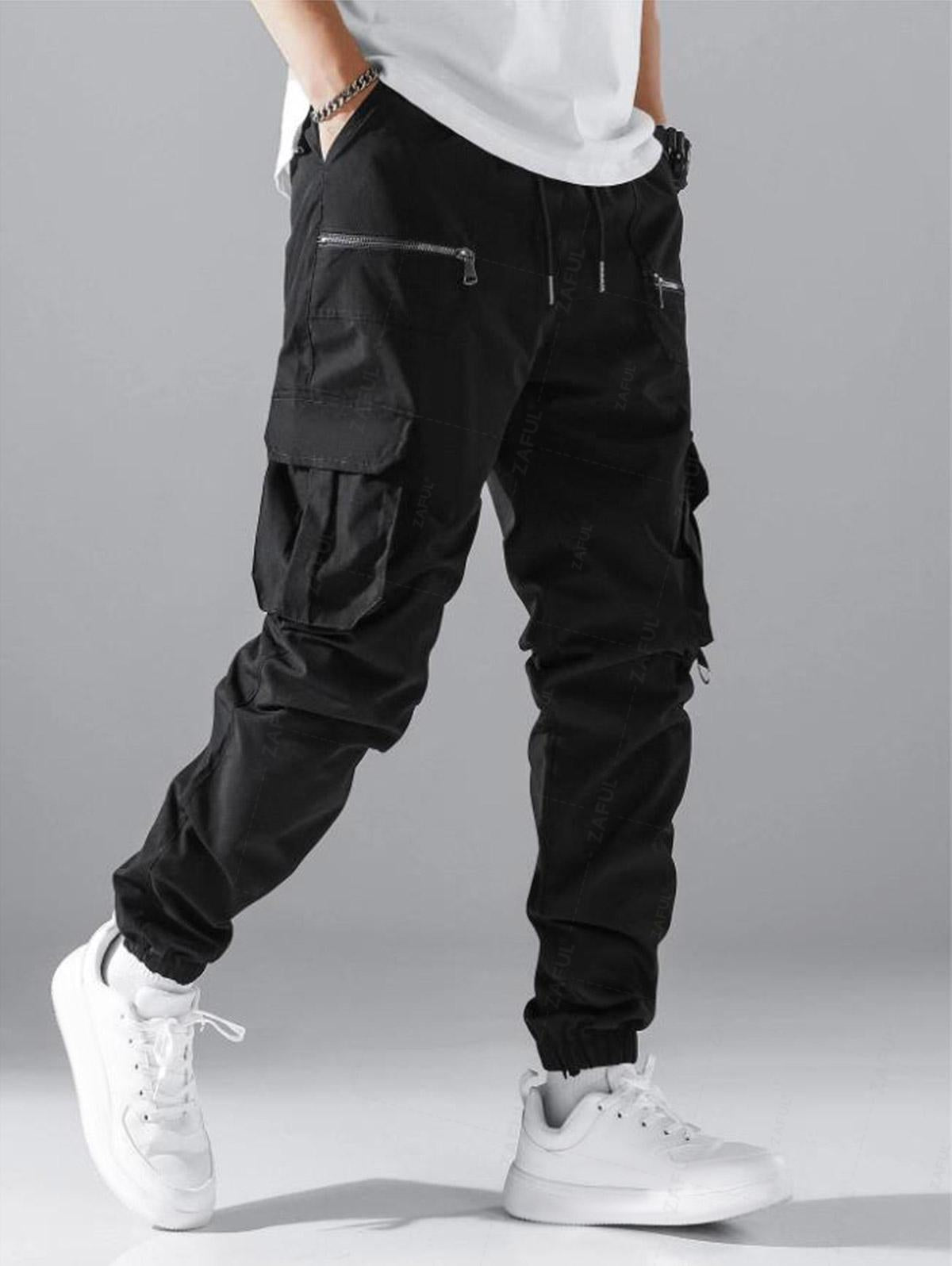 Men's Streetwear Side Zip And Large Pockets Design Drawstring Beam Feet Cargo Pants