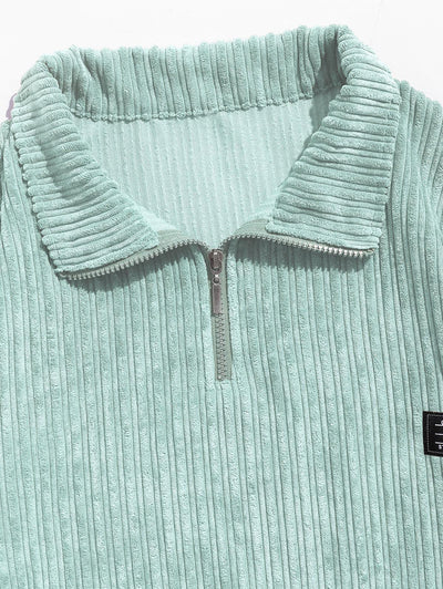 Men's Striped Patch Design Quarter Zip Stand Collar Corduroy Sweatshirt