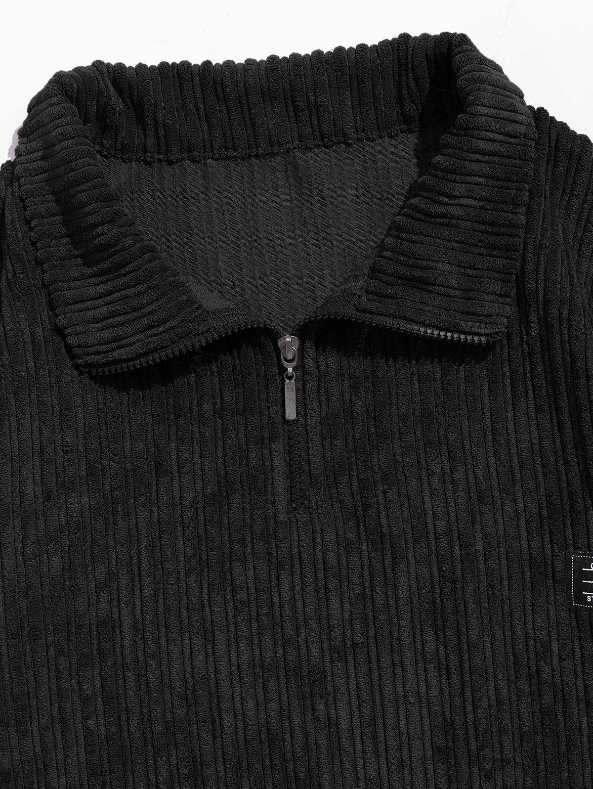 Men's Striped Patch Design Quarter Zip Stand Collar Corduroy Sweatshirt