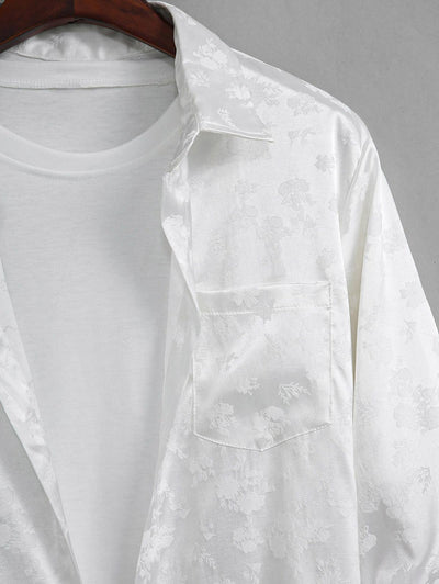 Men's Silky Satin Floral Pattern Pocket Design Button Up Long Sleeves Shirt