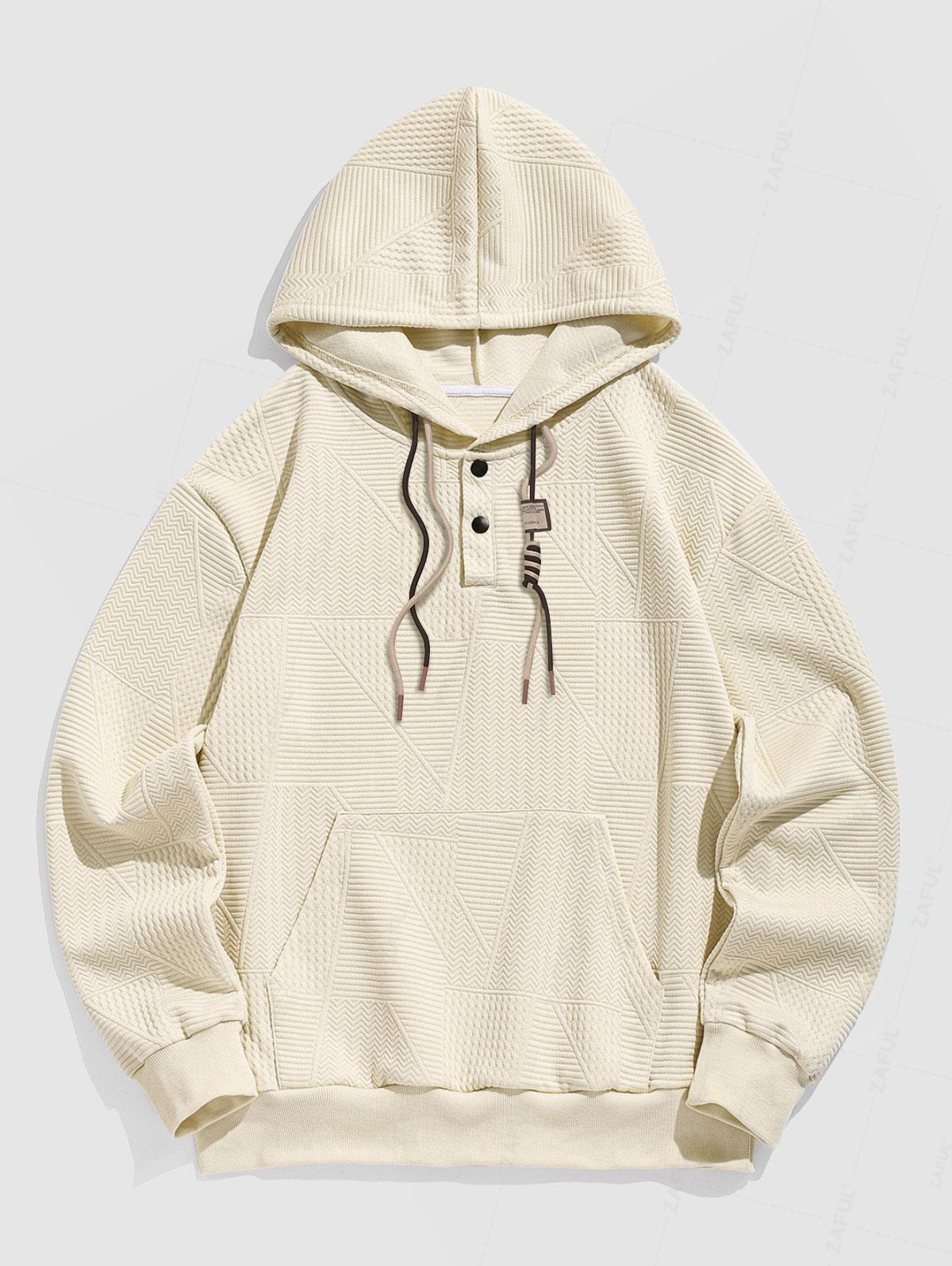 Men's Air Cotton Geometric Textured Half Button Kangaroo Pocket Pullover Hoodie