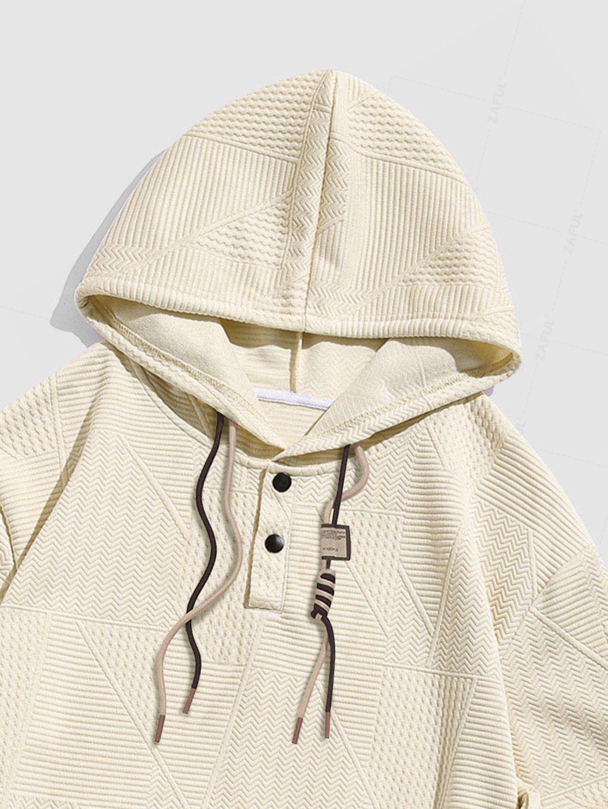 Men's Air Cotton Geometric Textured Half Button Kangaroo Pocket Pullover Hoodie