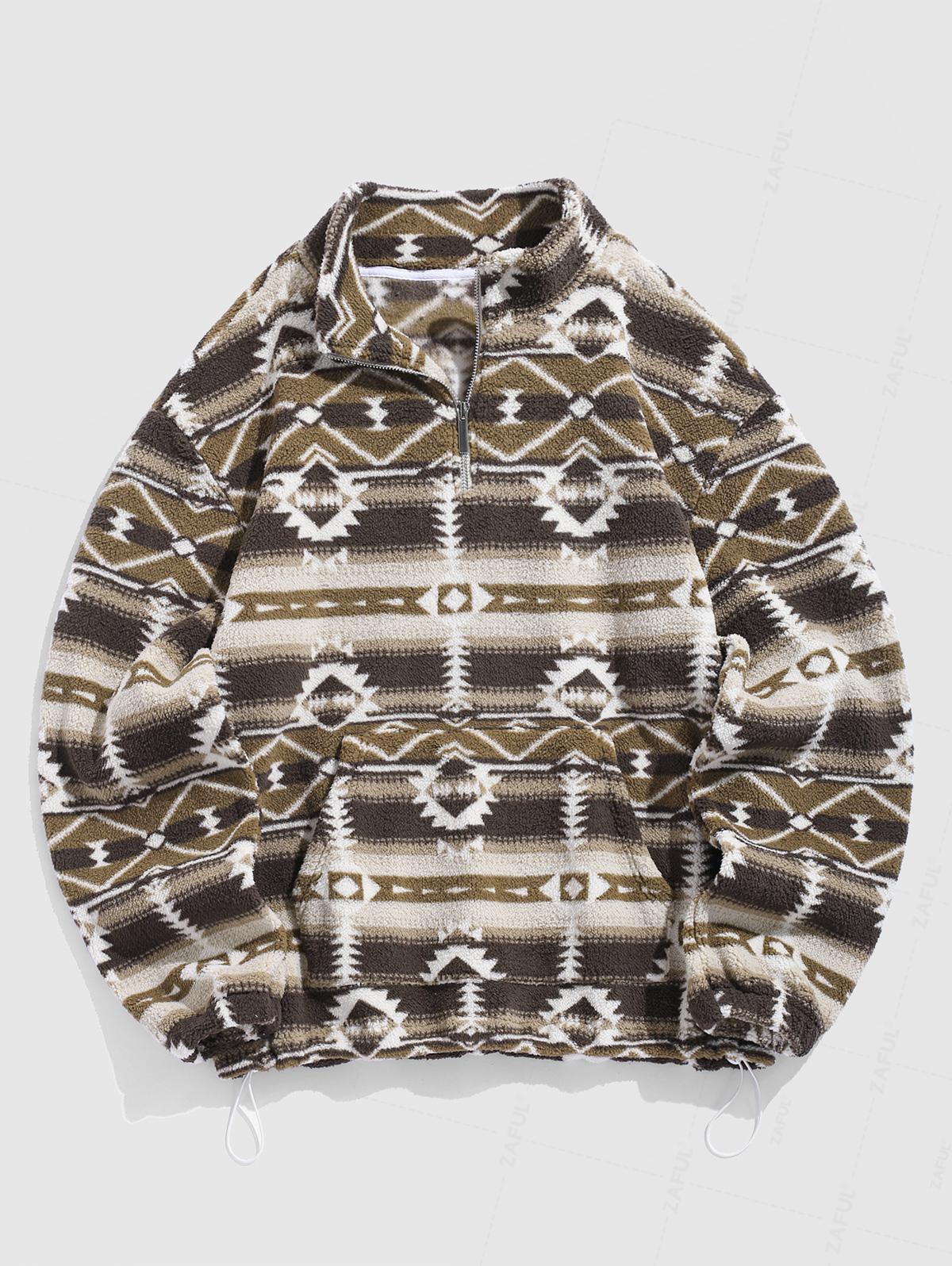 Men's Ethnic Aztec Print Thermal Fluffy Fleece Half Zip Stand Collar Pullover Sweatshirt