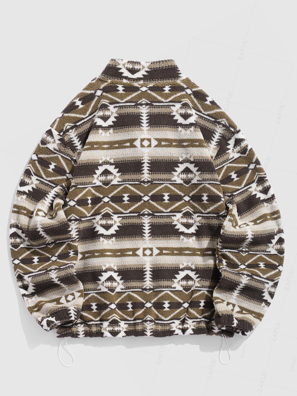 Men's Ethnic Aztec Print Thermal Fluffy Fleece Half Zip Stand Collar Pullover Sweatshirt