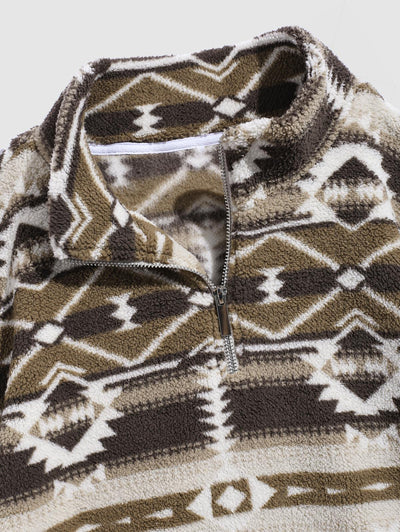 Men's Ethnic Aztec Print Thermal Fluffy Fleece Half Zip Stand Collar Pullover Sweatshirt