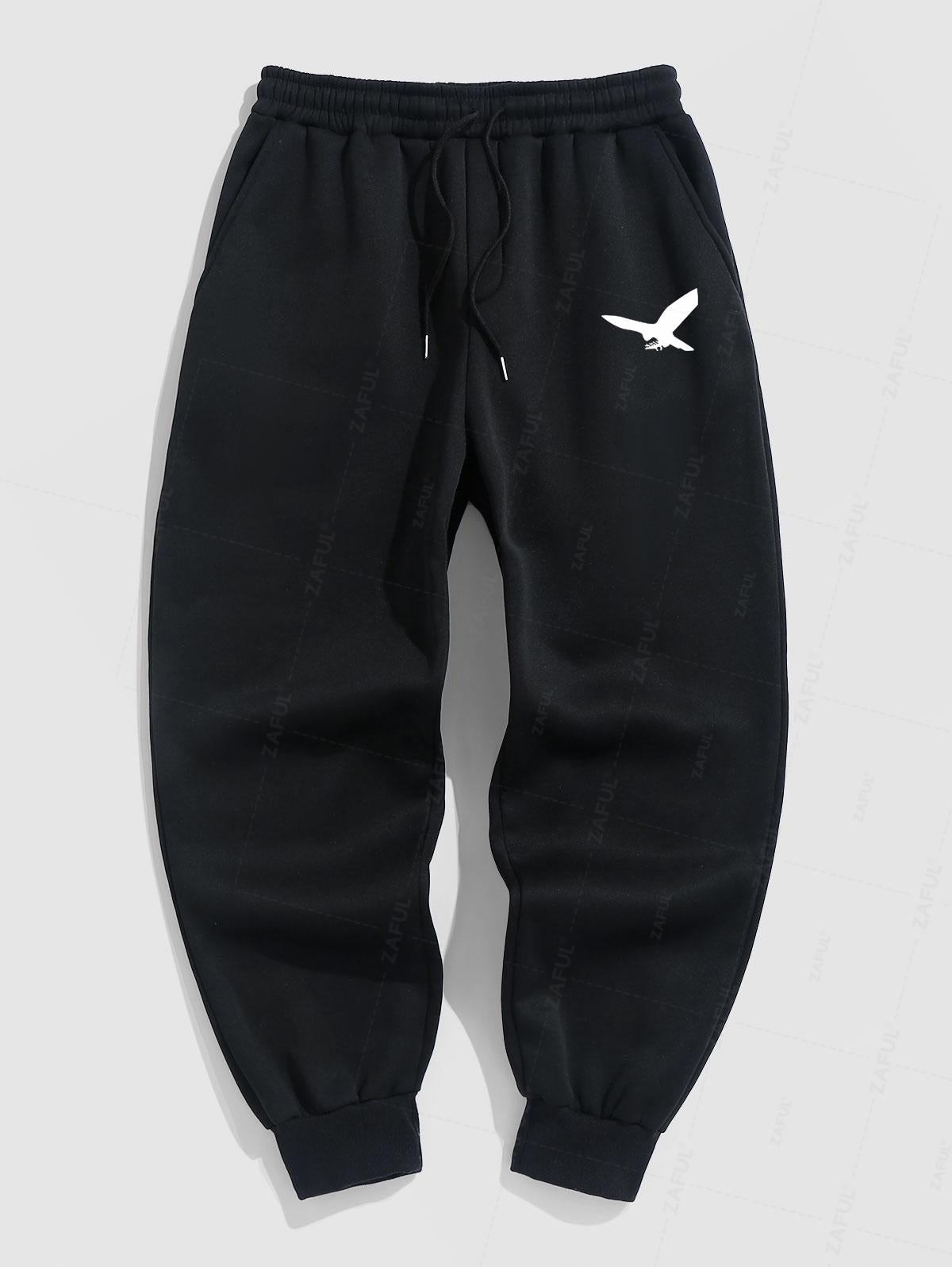 Men's Minimalist Style Bird Pattern Fuzzy Fleece-lined Drawstring Jogger Sweatpants