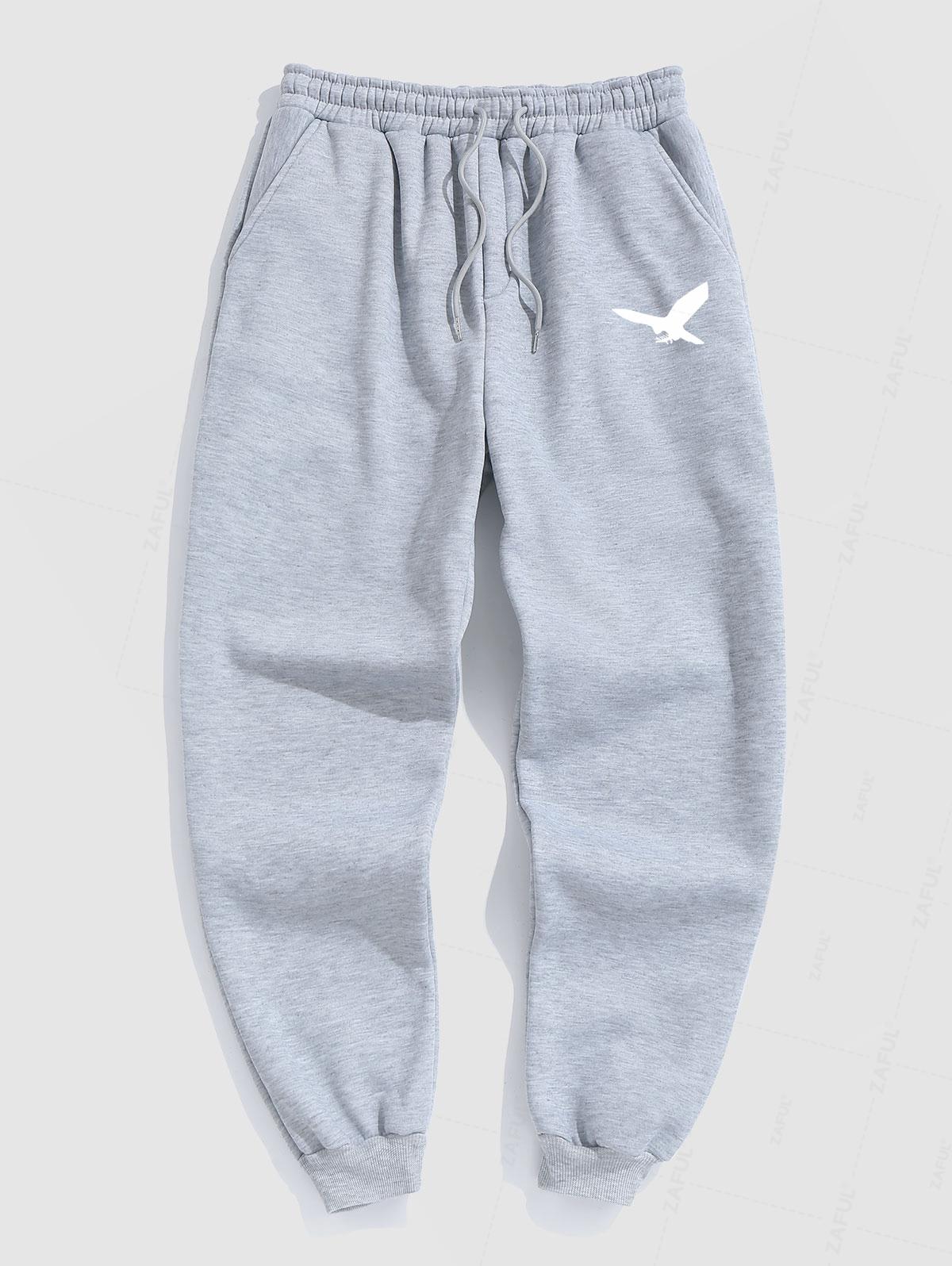 Men's Minimalist Style Bird Pattern Fuzzy Fleece-lined Drawstring Jogger Sweatpants