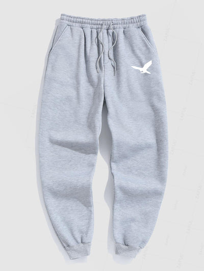 Men's Minimalist Style Bird Pattern Fuzzy Fleece-lined Drawstring Jogger Sweatpants