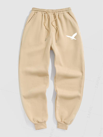 Men's Minimalist Style Bird Pattern Fuzzy Fleece-lined Drawstring Jogger Sweatpants