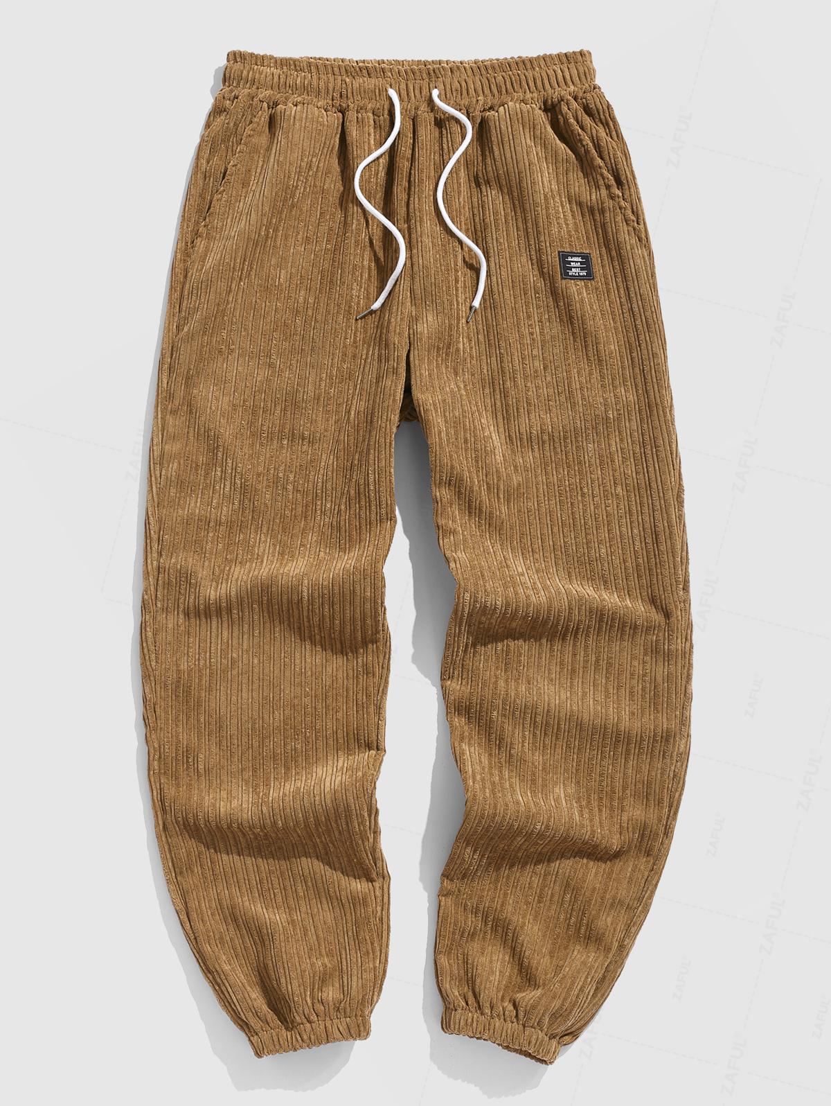 Men's Corduroy Ribbed Patch Design Drawstring Beam Feet Sweatpants