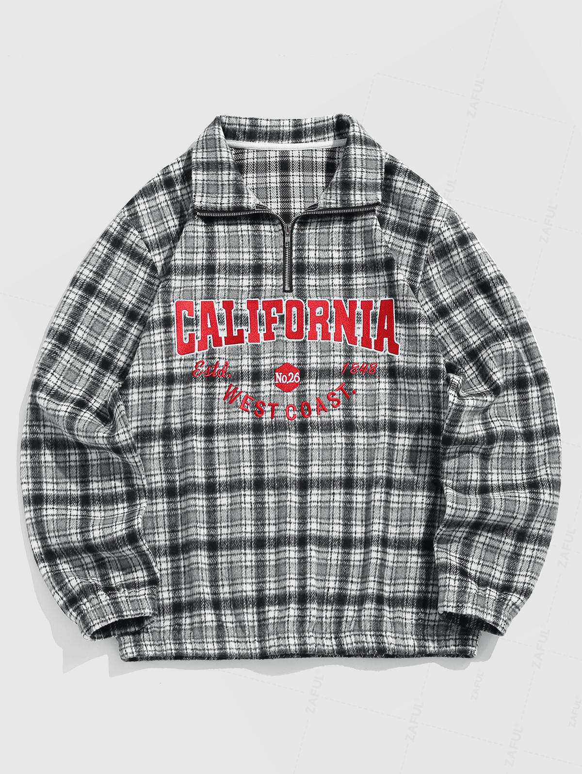 Men's Flannel Plaid Letter Embroidery Quarter Zip Stand Collar Long Sleeve Pullover Sweatshirt