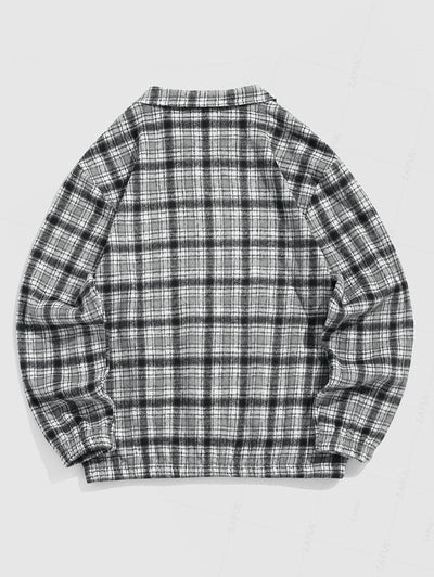 Men's Flannel Plaid Letter Embroidery Quarter Zip Stand Collar Long Sleeve Pullover Sweatshirt