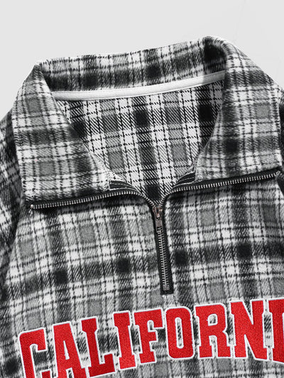 Men's Flannel Plaid Letter Embroidery Quarter Zip Stand Collar Long Sleeve Pullover Sweatshirt