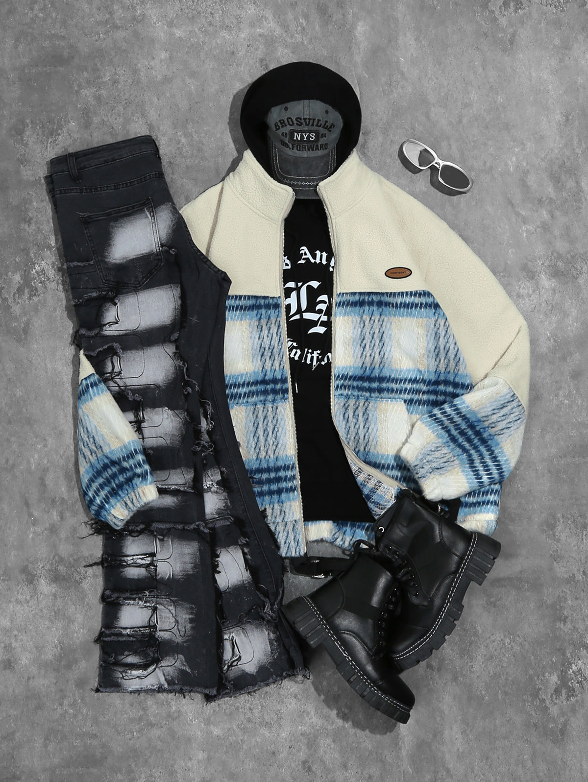 Men's Colorblock Plaid Pattern Warmth Fluffy Teddy Fleece Zip Fly Jacket Hoodie Jeans Set