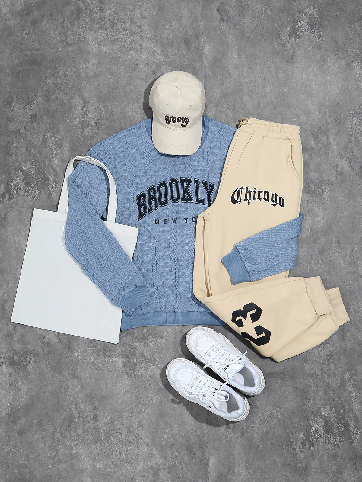 Men's Casual Letter BROOKLYN NEW YORK Graphic Printed Jacquard Textured Cable Knit Crew Neck Long Sleeve Sweater Pant Set Kosyway