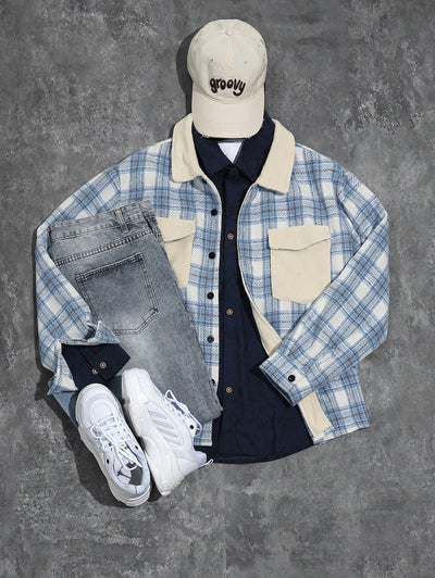 Men's Casual Plaid Pattern Flap Pocket Button Front Contract Color Collar Woolen Shacket Jeans Set