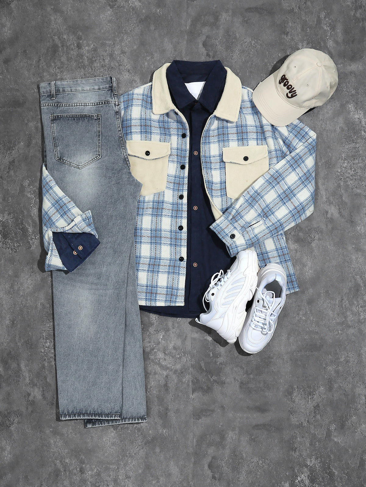 Men's Casual Plaid Pattern Flap Pocket Button Front Contract Color Collar Woolen Shacket Jeans Set